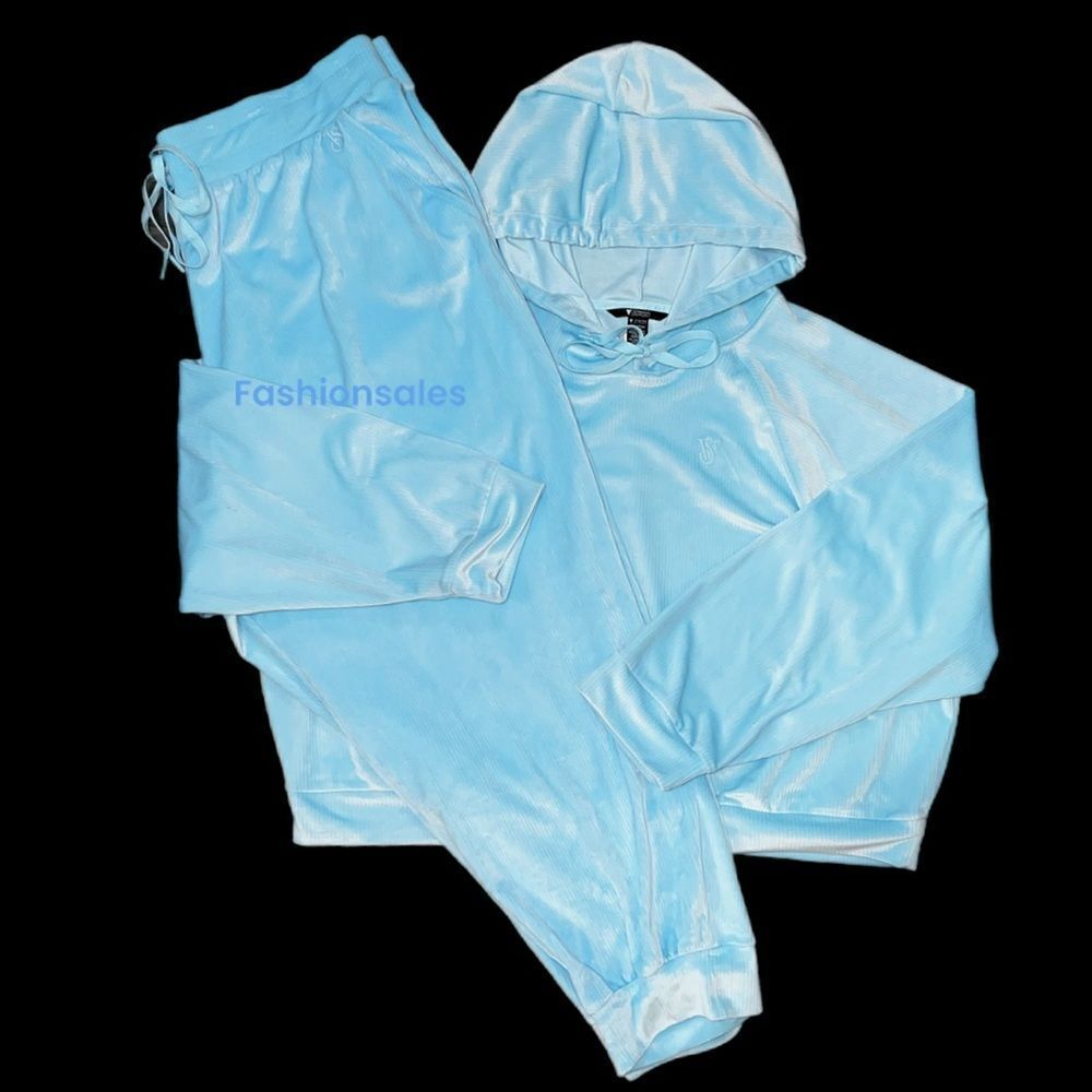 Victorias Secret Supersoft Cozy Ribbed Velour Tracksuit Hoodie & Jogger Blue XXL